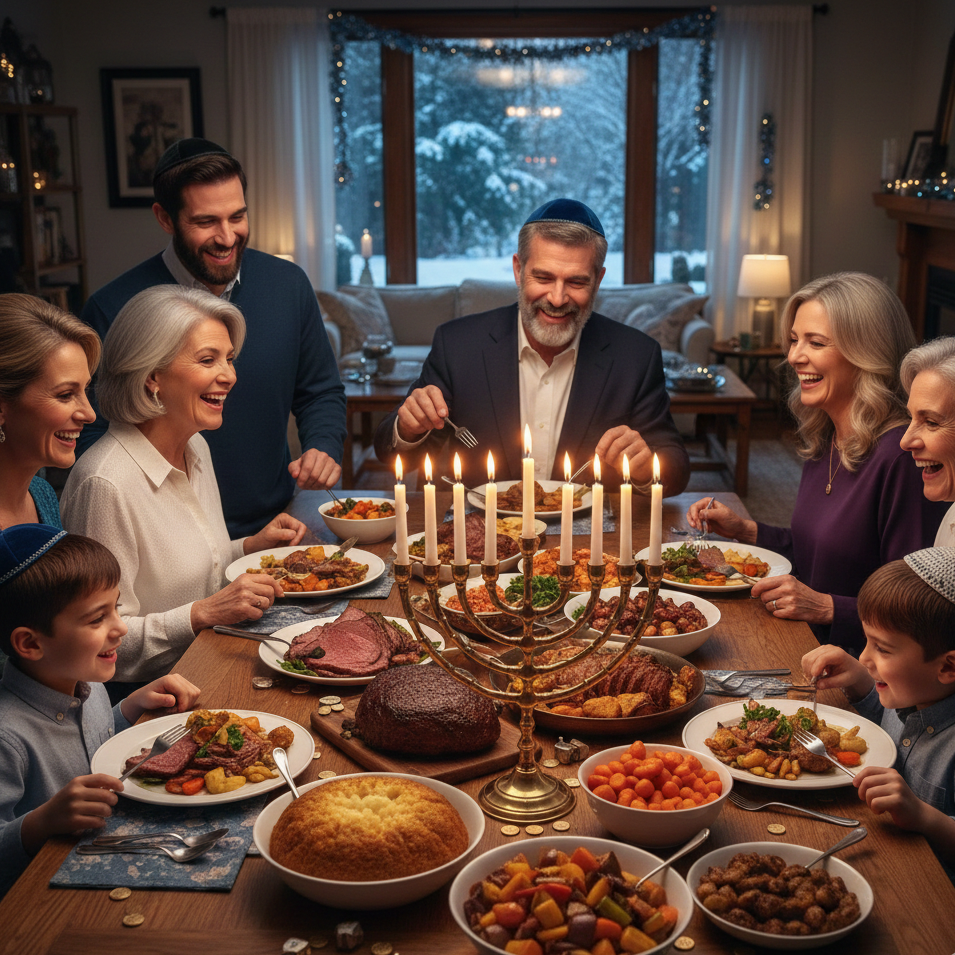 Une famille juive à table lors de 'Hanouka